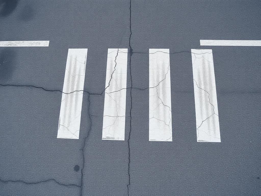 Worn crosswalk with cracked and faded white stripes before thermoplastic renewal