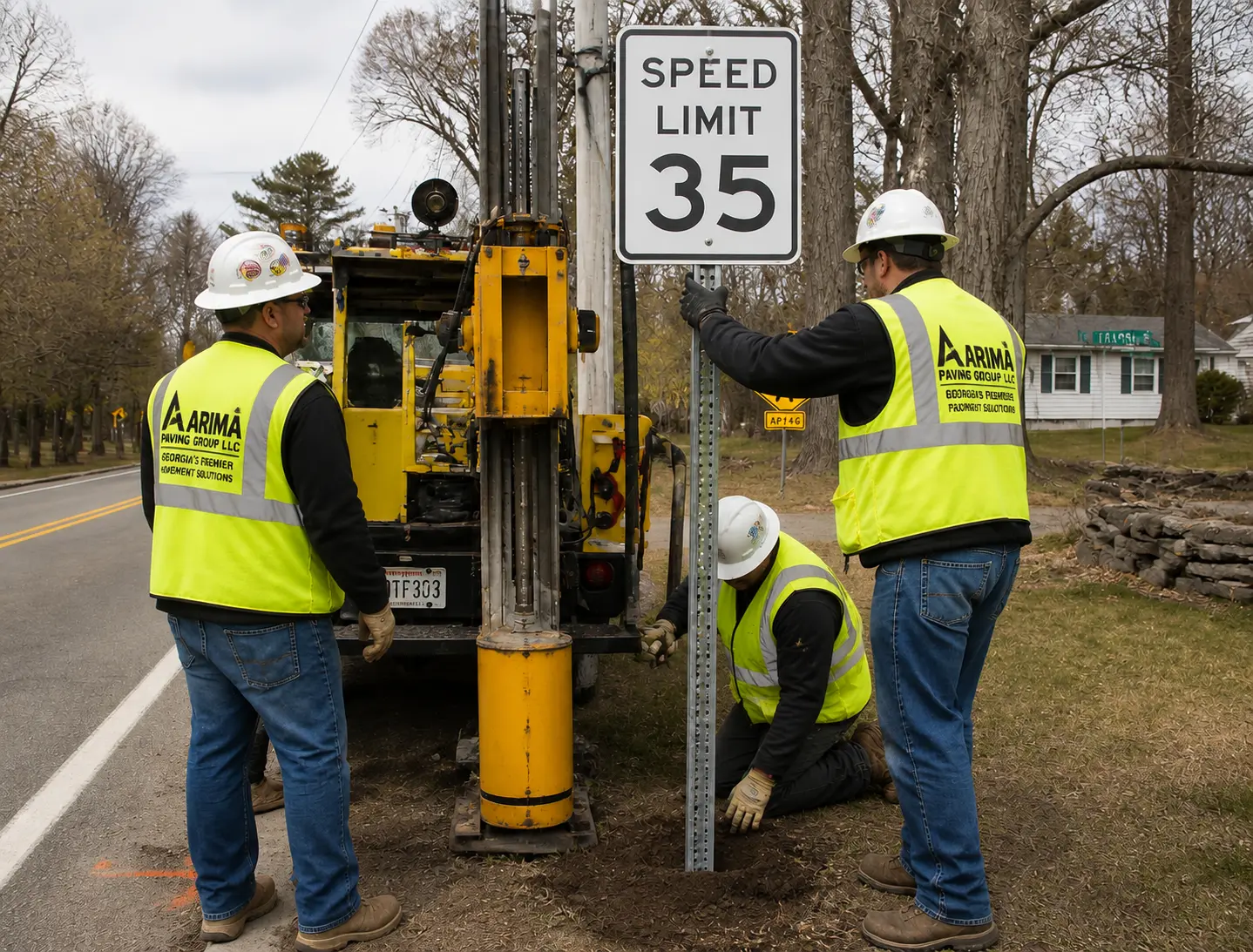 ARIMA crew installing a Speed Limit 35 sign on a Georgia roadway
