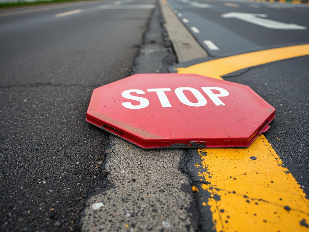 Worn stop bar and faded yellow lane lines before thermoplastic replacement