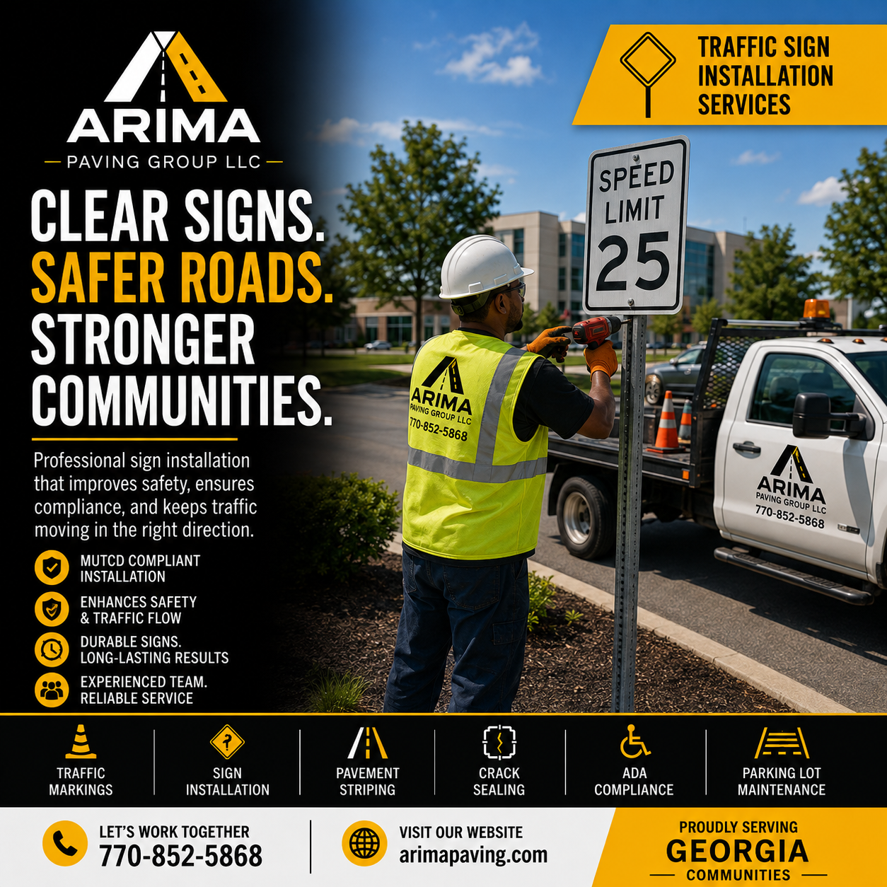ARIMA traffic sign installation services: MUTCD compliant installation by an experienced Georgia crew