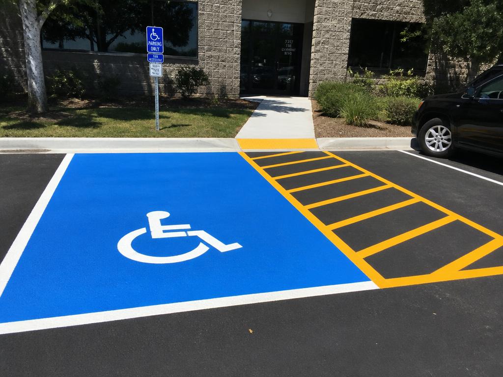 Same ADA parking stall after compliance upgrade with vibrant blue paint and yellow access aisle