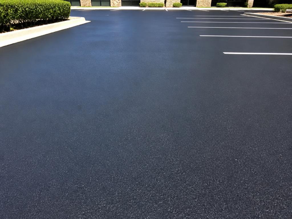 Same asphalt surface after fresh deep-black sealcoating