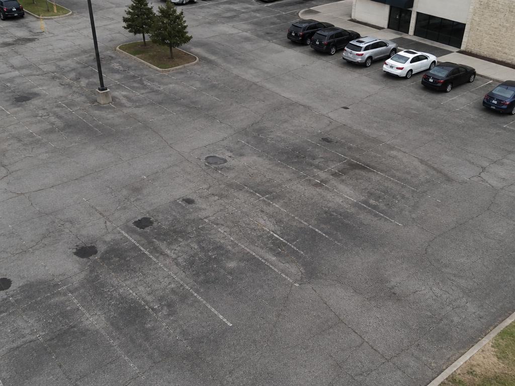 Worn commercial parking lot with faded stall lines and cracked asphalt before restriping