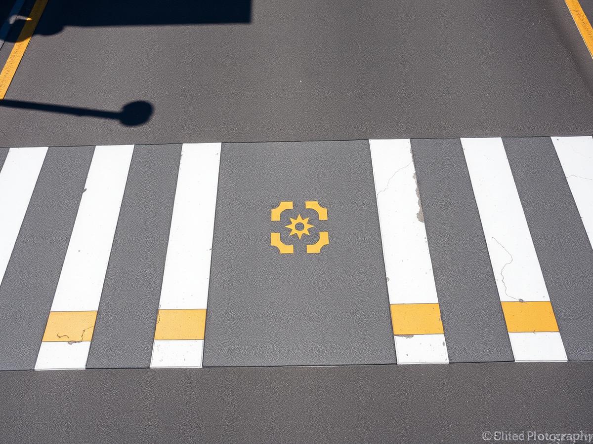 Decorative thermoplastic crosswalk with patterned gold and white inlay on dark asphalt
