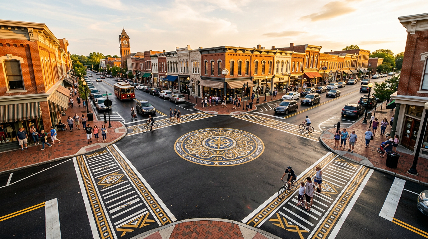 Decorative thermoplastic pavement patterns and a circular medallion in a revitalized downtown intersection