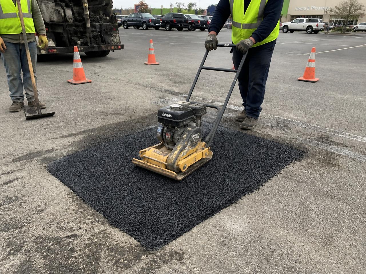 Crew compacting a fresh hot mix asphalt patch in a parking lot with a plate compactor