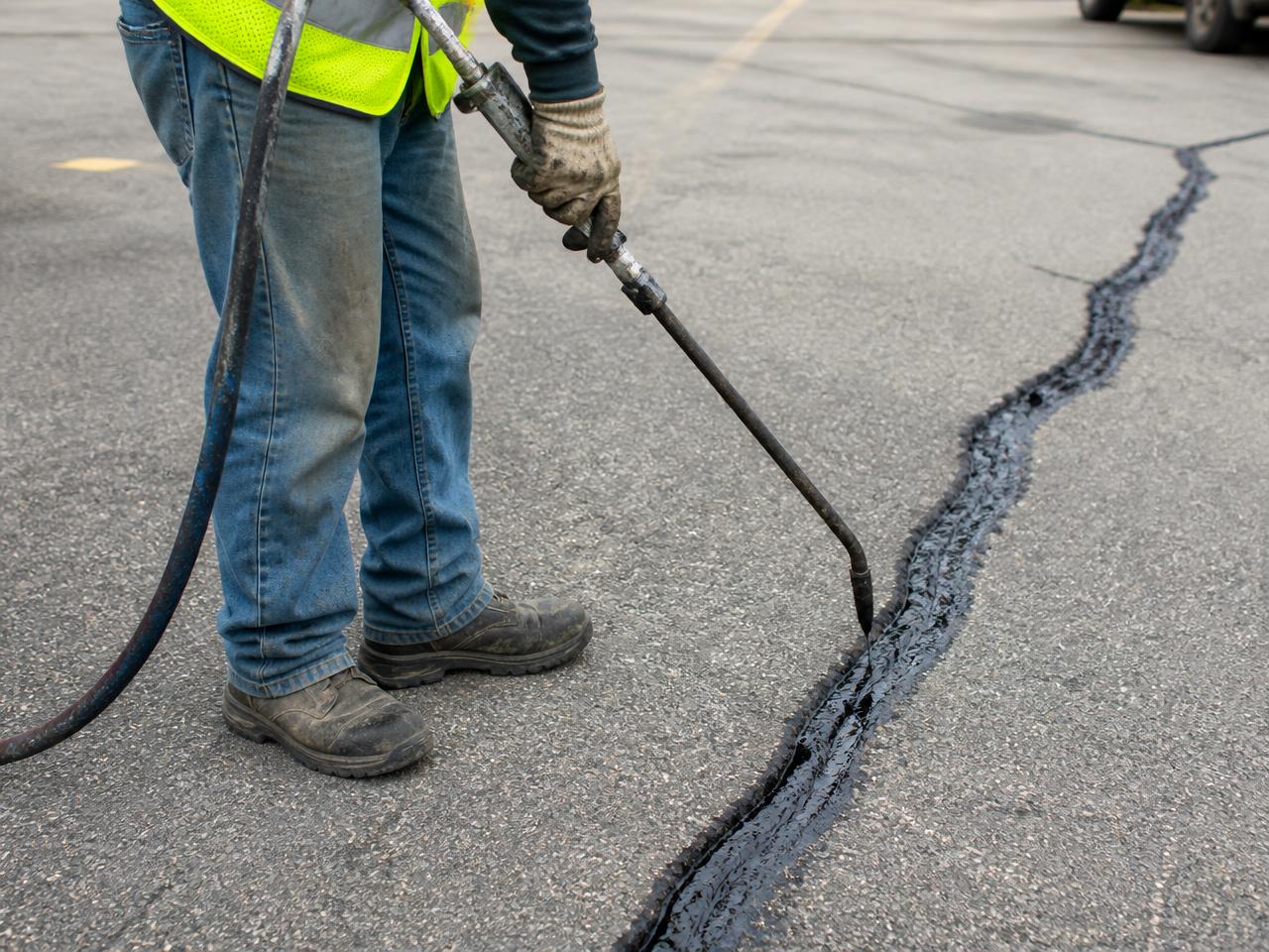Worker applying hot rubberized crack sealant to a crack in asphalt pavement